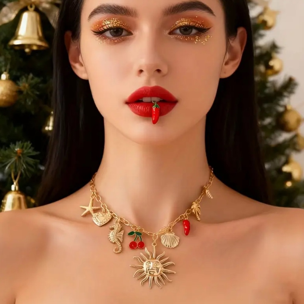 Gold Charm Necklace with Sun Pendant Boho Y2K